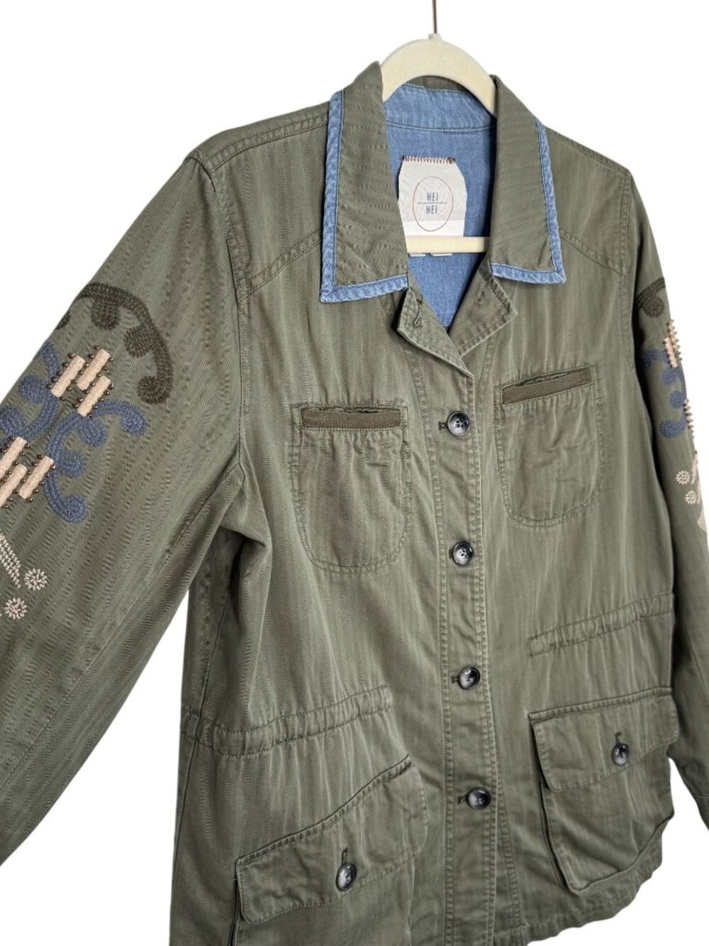 Anthropologie Hei Hei Military-Inspired Olive Green Jacket With Embroidered Slee - Picture 4 of 10